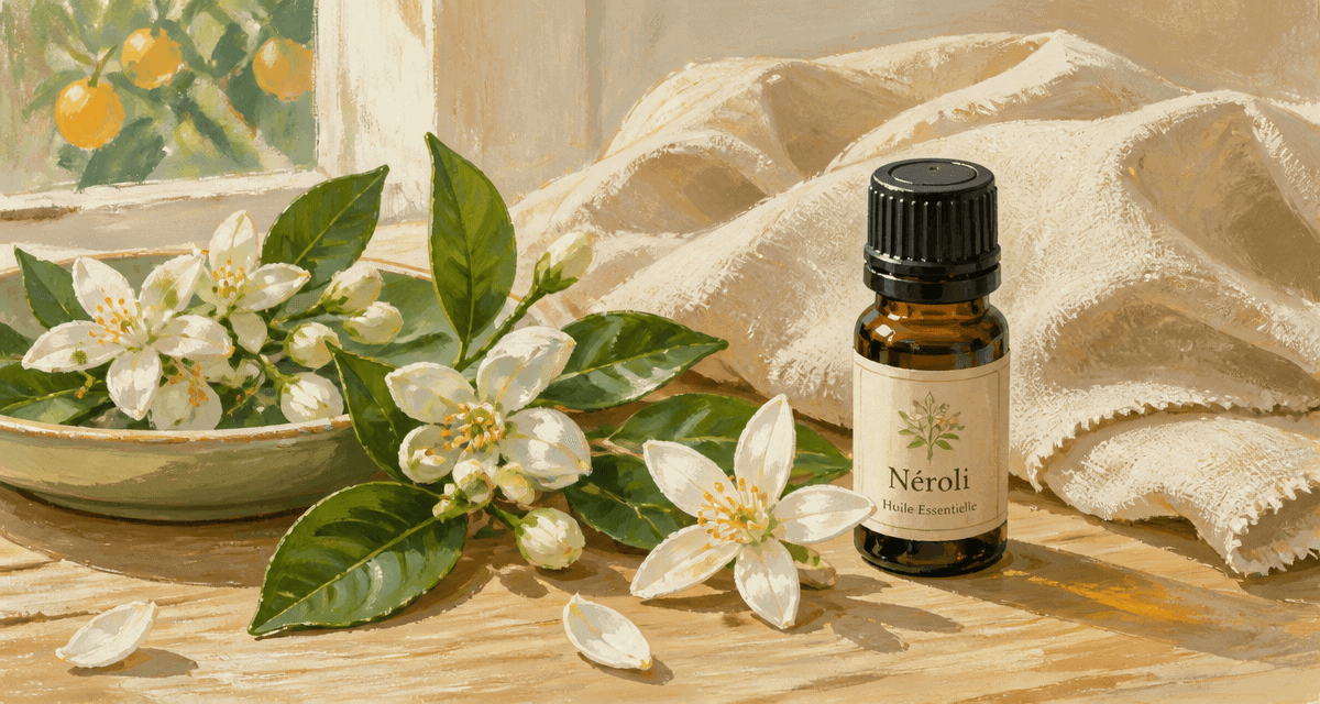 huile essentielle fleur d'oranger flacon et fleurs