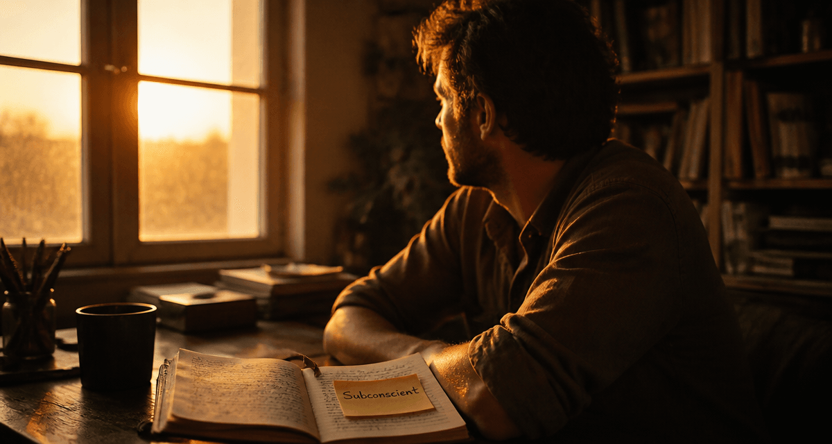 Homme pensif bureau carnet subconscient