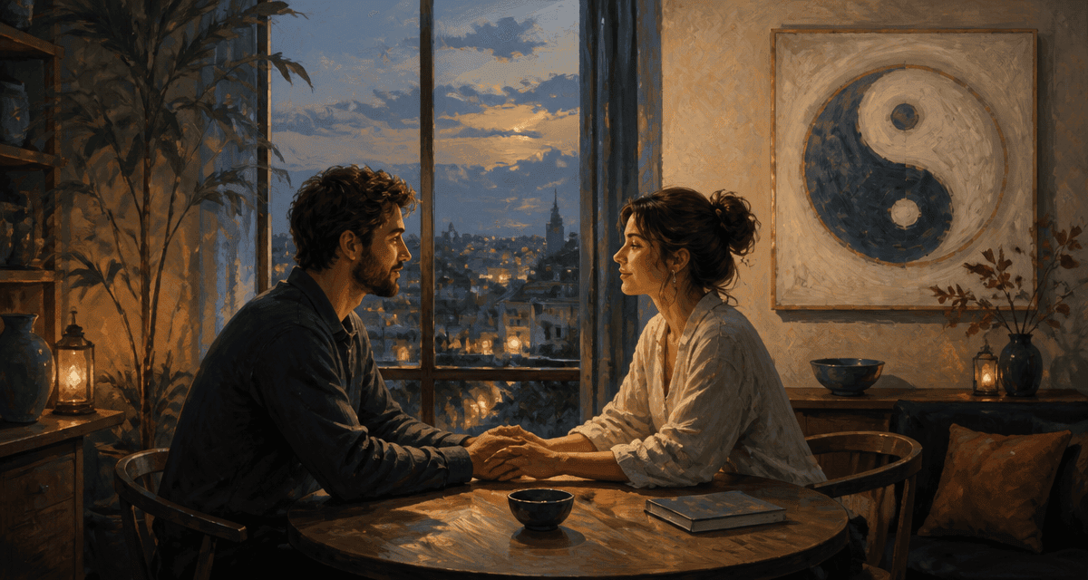 Le yin et le yang en amour, couple assis main dans la main