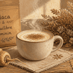 Maca : bienfaits femme, latte et racines sur table