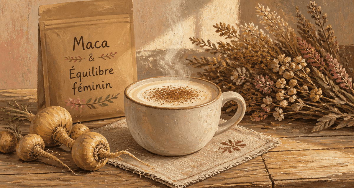 Maca : bienfaits femme, latte et racines sur table