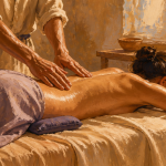 massage du bas du dos avec huile et coussin