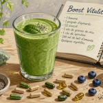 multi vitamines et mineraux sur table avec smoothie