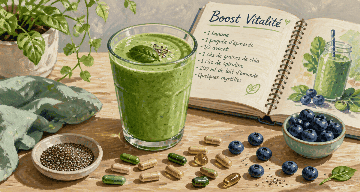 multi vitamines et mineraux sur table avec smoothie