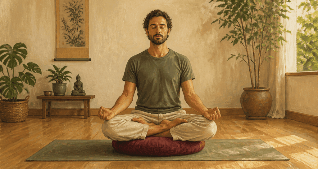 Padmasana position yoga sur zafu