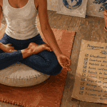 Personne en position lotus sur zafu avec checklist