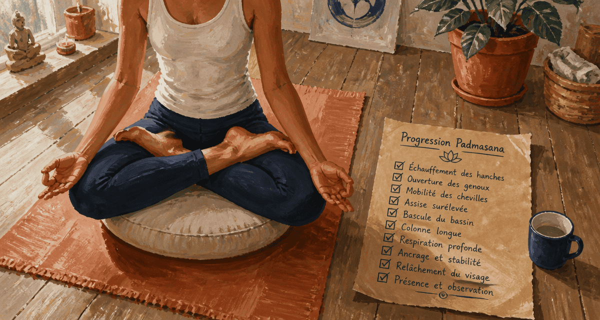 Personne en position lotus sur zafu avec checklist