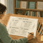 Personne complétant une matrice SWOT personnel sur une table