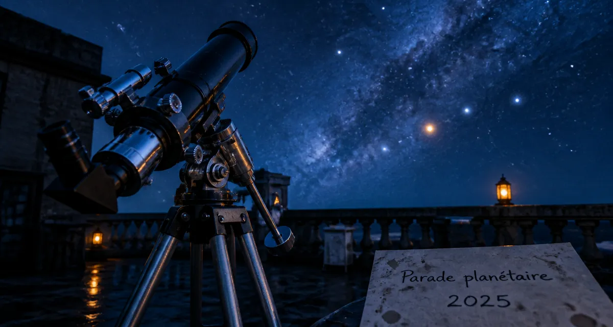 Alignement des planètes signification spirituelle 2025 : télescope nocturne et parade planétaire