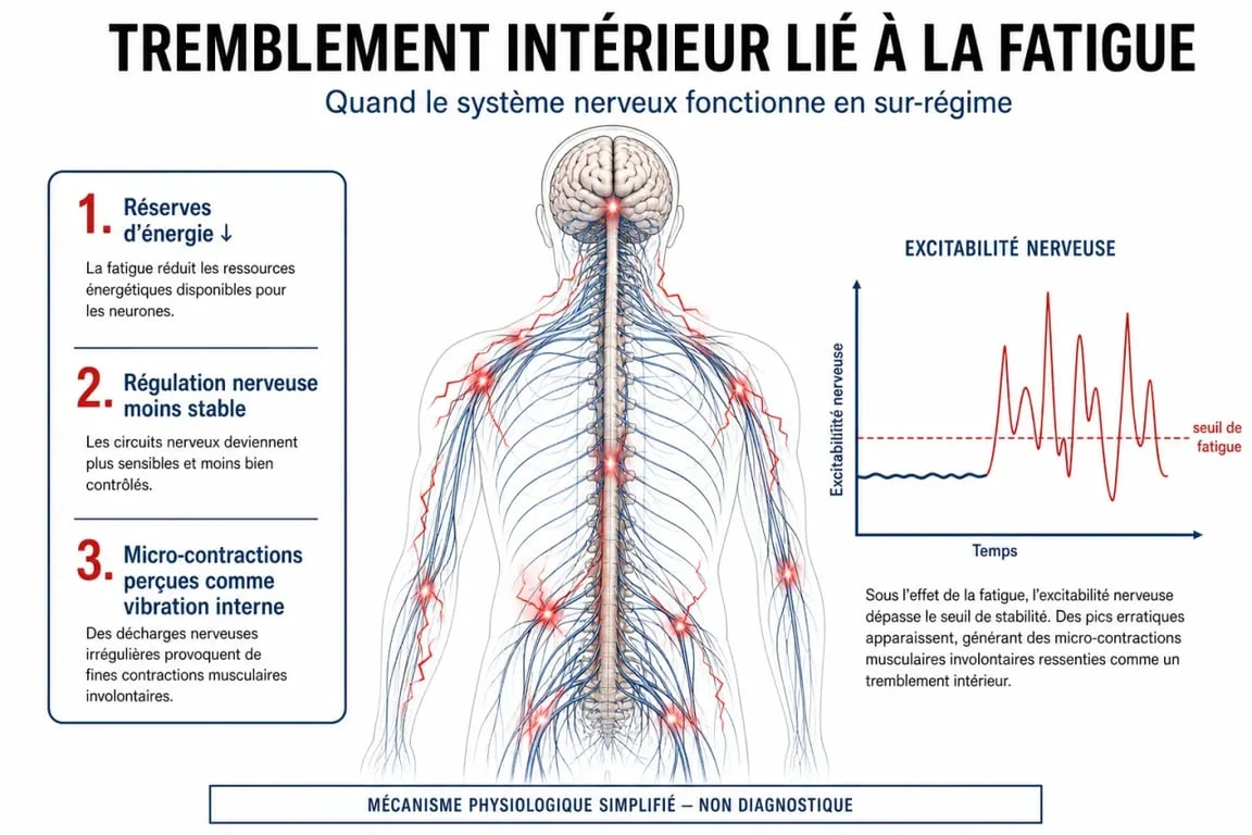 Infographie expliquant le lien entre fatigue, stress et tremblement intérieur du corps
