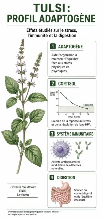 Infographie des bienfaits du tulsi et du basilic sacré pour la santé