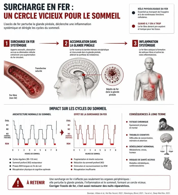 Schéma explicatif des mécanismes de l'hémochromatose et son impact sur le sommeil et la fatigue