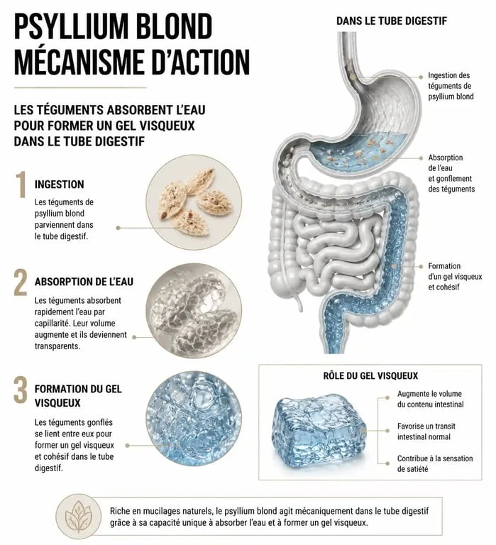 Infographie sur le fonctionnement du psyllium blond et ses bienfaits digestifs