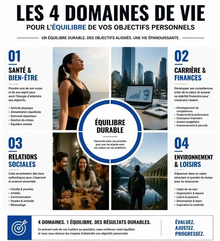 Infographie des 4 domaines de vie pour structurer ses objectifs personnels