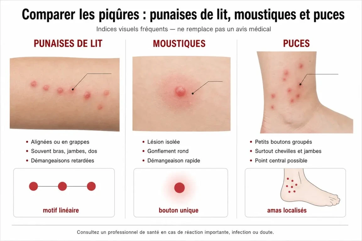 Infographie comparative des piqûres de punaises de lit, moustiques et puces pour aider à l'identification