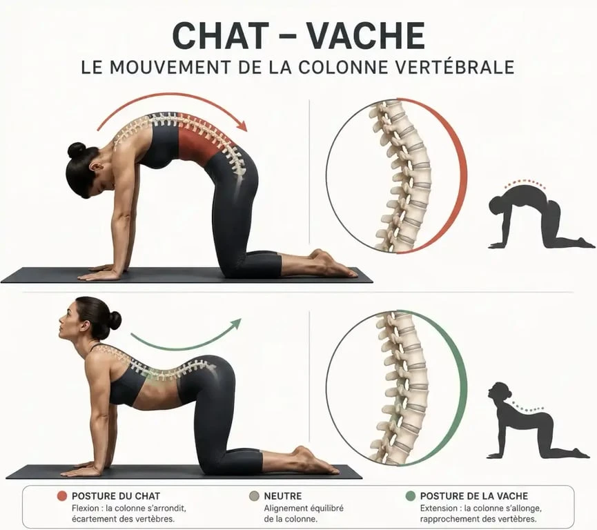 Schéma explicatif de la posture du chat en yoga et de la posture de la vache pour la mobilité vertébrale