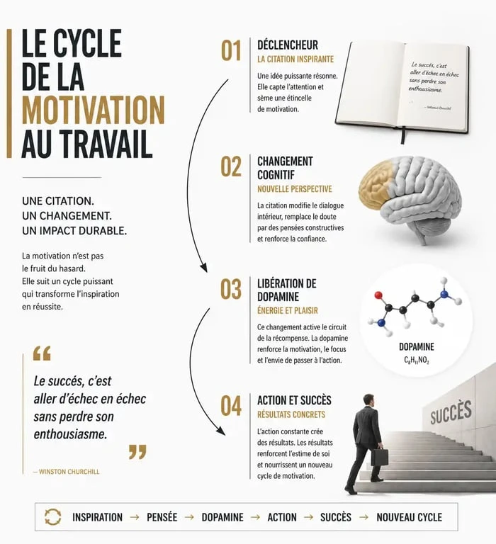Infographie sur l'impact des phrases motivantes au travail et leur effet sur la performance professionnelle