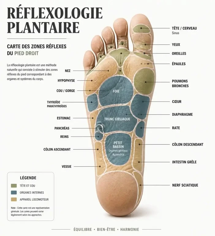 Schéma des zones réflexes pour le massage des pieds