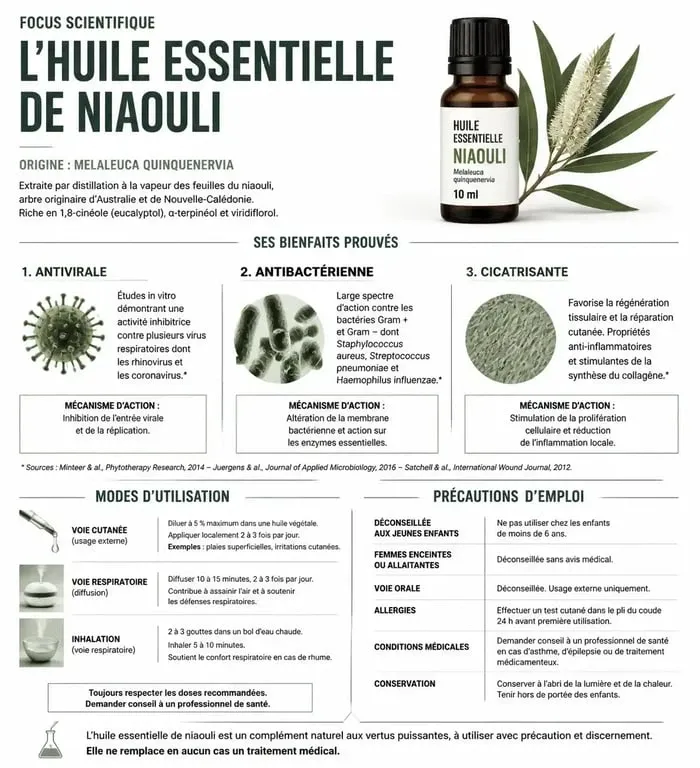 Infographie sur les bienfaits et propriétés de l'huile essentielle de niaouli