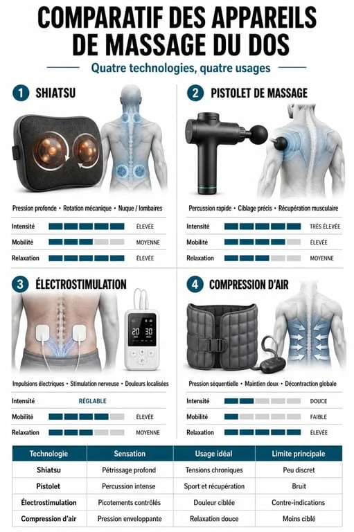 Infographie comparative des différentes technologies d'appareil de massage pour le dos pour soulager les douleurs musculaires.