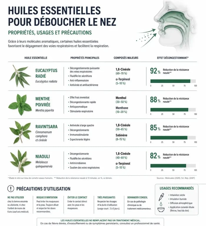 Infographie des huiles essentielles pour déboucher le nez : propriétés et précautions d'usage