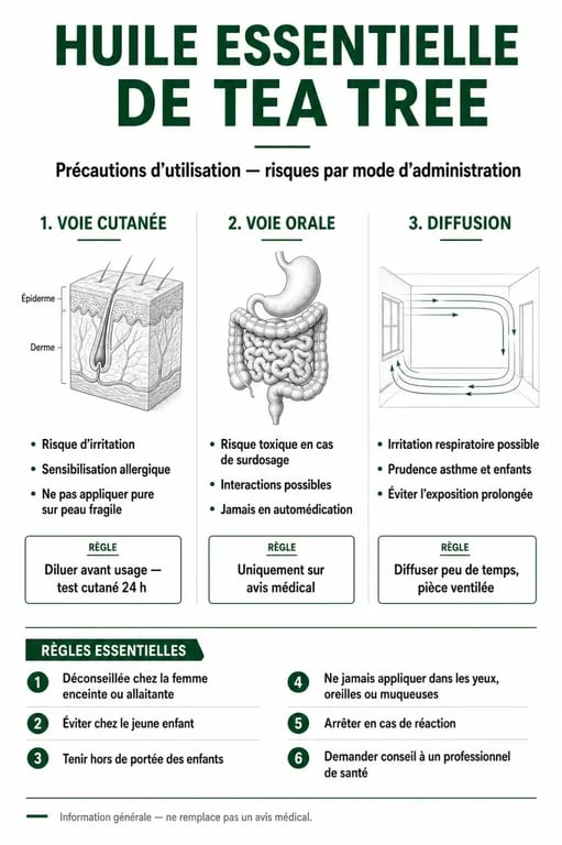 Infographie des précautions et dangers de l'huile essentielle de tea tree pour une utilisation sécurisée