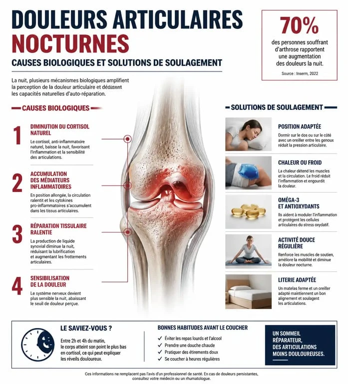Infographie expliquant comment calmer les douleurs articulaires la nuit et les causes inflammatoires nocturnes.