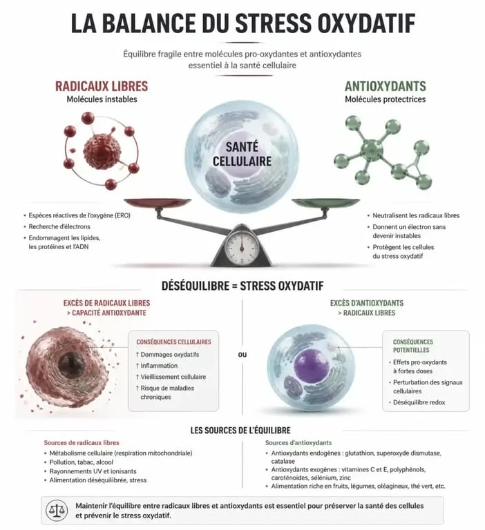 Schéma explicatif du stress oxydatif montrant l'équilibre entre radicaux libres et antioxydants dans l'organisme