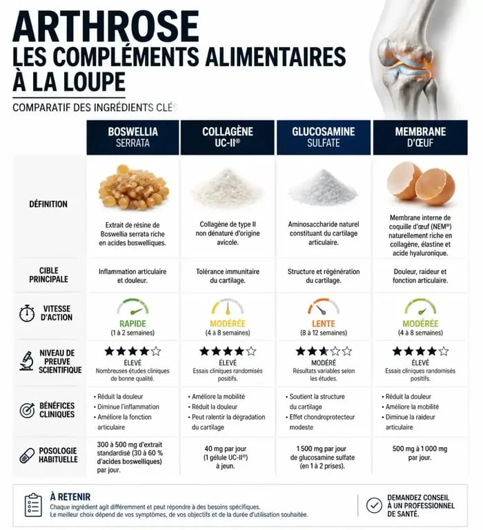 Infographie comparative des meilleurs compléments alimentaires contre l'arthrose