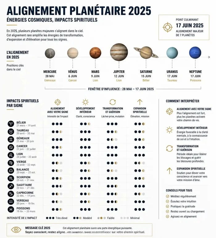 Infographie sur l'alignement des planètes et sa signification spirituelle en 2025 pour les signes astrologiques