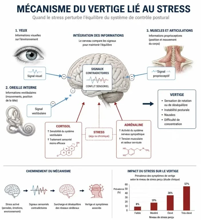Schéma explicatif du lien physiologique entre le stress et les vertiges