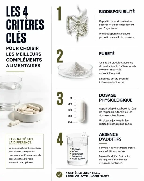 Infographie des critères de choix pour les meilleurs compléments alimentaires