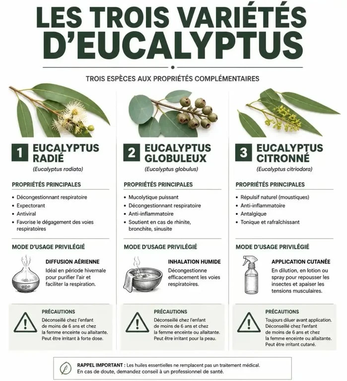 Infographie comparative des variétés d'huile essentielle d'eucalyptus : radié, globuleux et citronné pour une utilisation sécurisée.