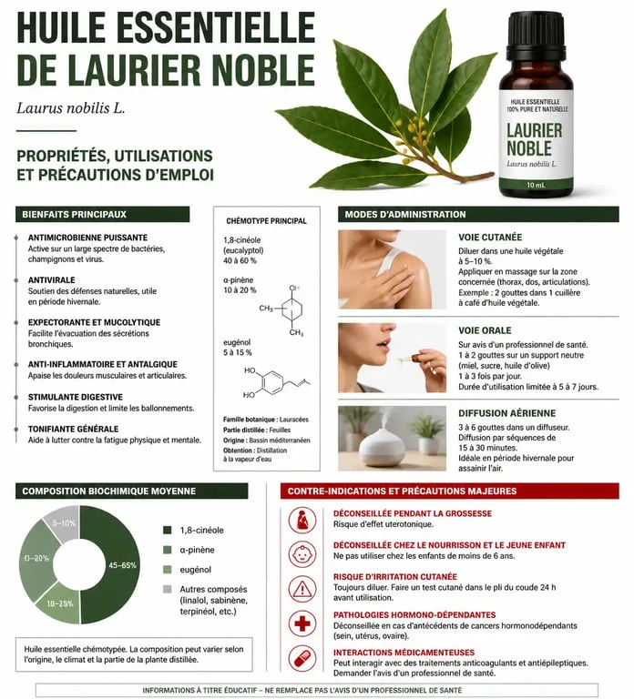 Infographie sur les bienfaits et l'utilisation de l'huile essentielle de laurier noble en aromathérapie