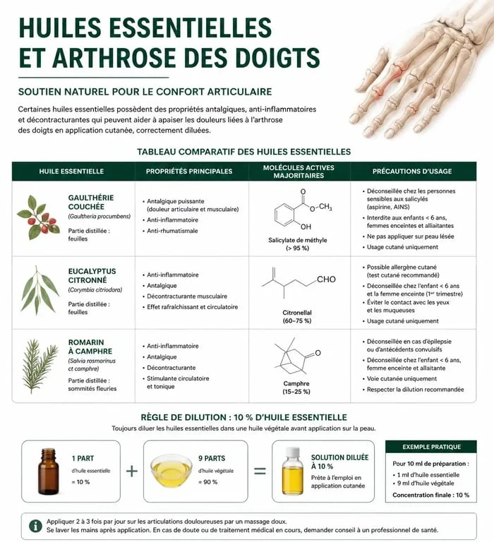 Infographie sur les huiles essentielles pour l'arthrose des doigts : propriétés, molécules et guide de dilution sécurisé.