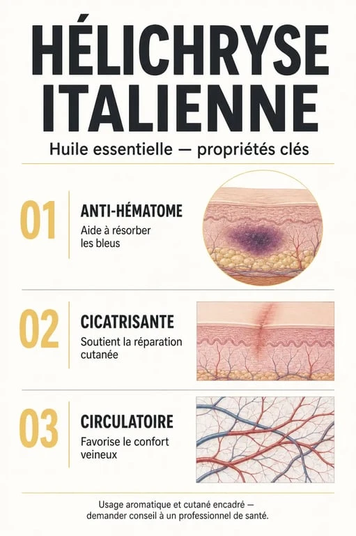 Infographie des bienfaits et propriétés de l'huile essentielle d'hélichryse italienne pour la peau et la circulation