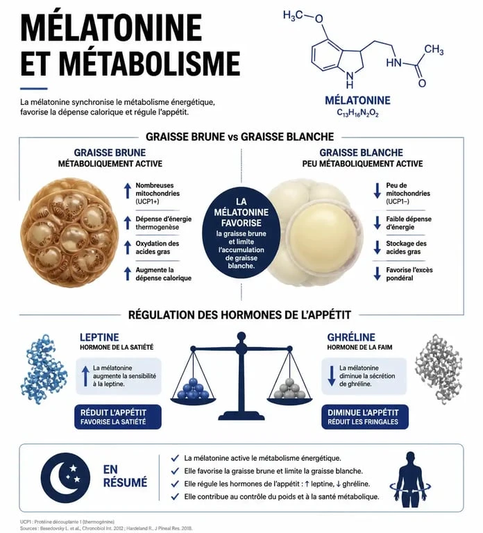 Infographie sur les effets de la mélatonine et la gestion du poids corporel