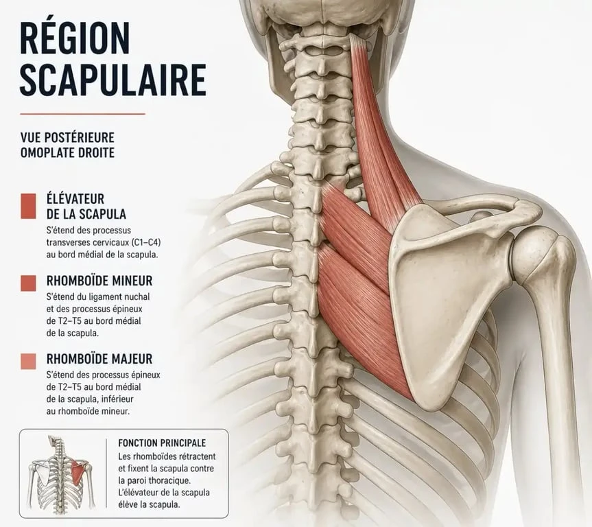 Schéma anatomique de l'omoplate droite et des muscles dorsaux associés pour comprendre la douleur à l'omoplate droite.