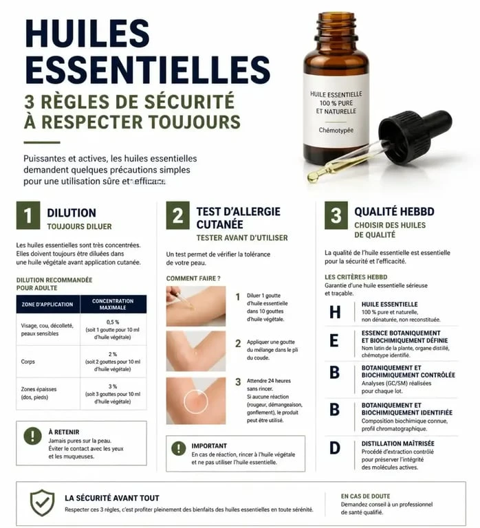Infographie sur les règles de sécurité pour bien utiliser une huile essentielle en toute sécurité