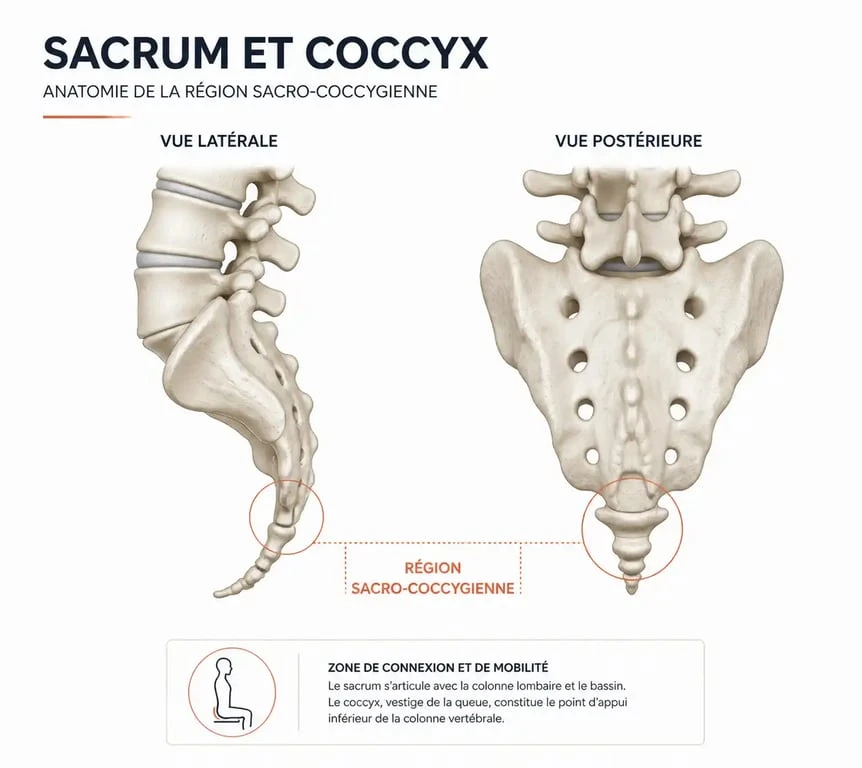 Schéma anatomique du sacrum et du coccyx pour comprendre les douleurs au bas du dos