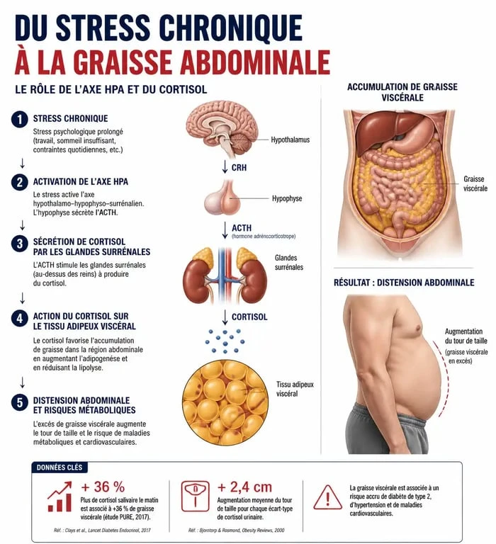 Schéma explicatif du lien entre taux de cortisol élevé et ventre gonflé