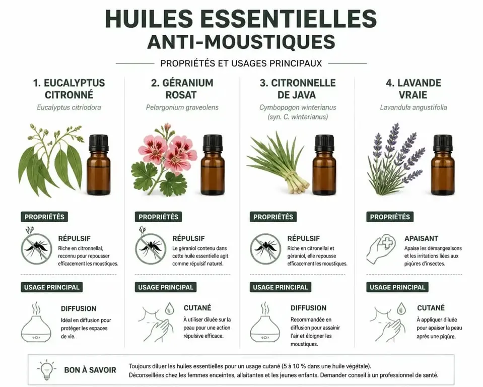 Infographie des huiles essentielles contre les moustiques : guide des propriétés et usages pour Eucalyptus citronné, Géranium, Citronnelle et Lavande.
