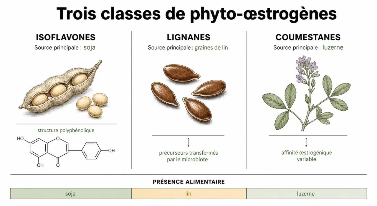 Infographie sur les classes de phyto-œstrogènes et leurs aliments sources pour l'équilibre hormonal
