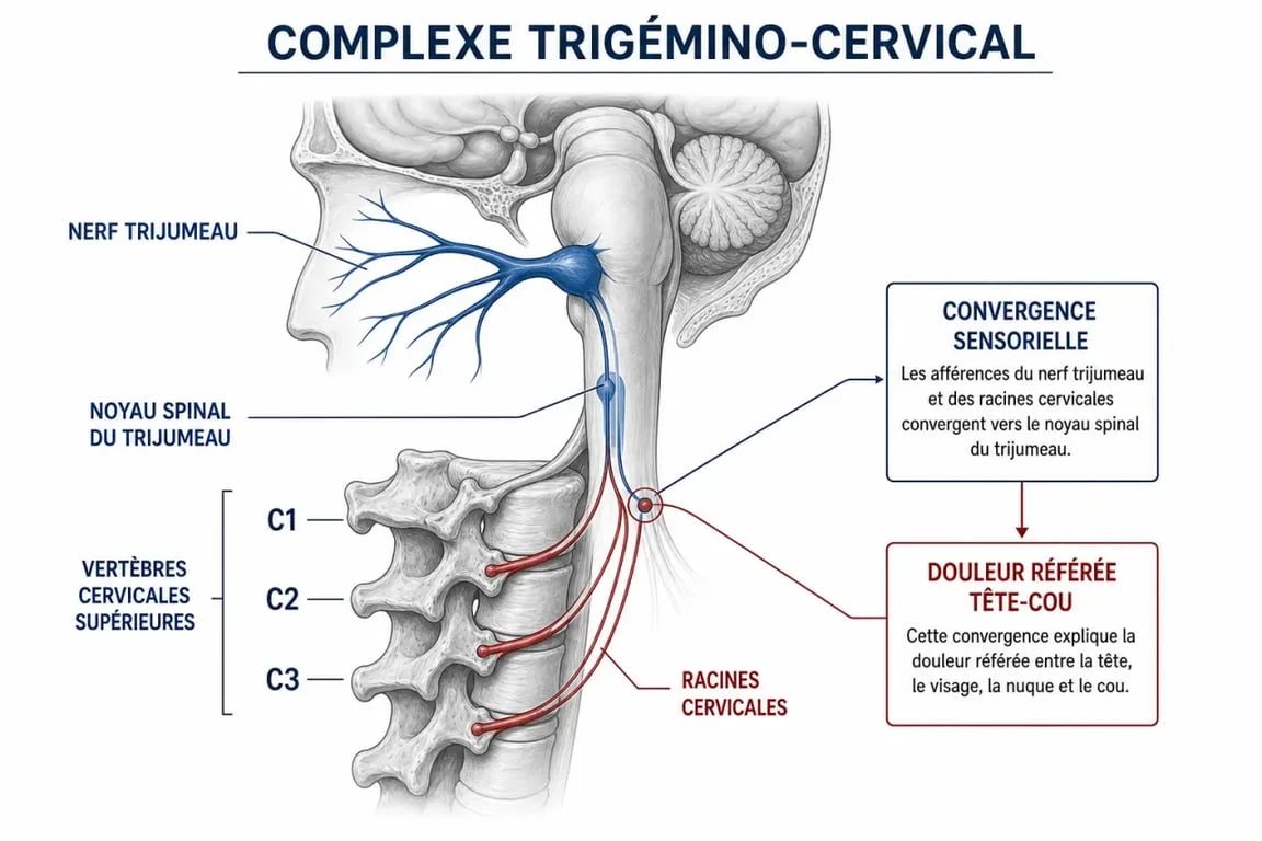 Schéma anatomique du complexe trigémino-cervical expliquant le lien entre les cervicales et les maux de tête