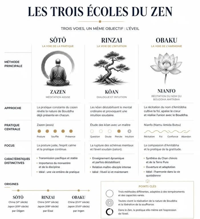 Infographie comparative des écoles Sôtô, Rinzai et Obaku dans le bouddhisme zen
