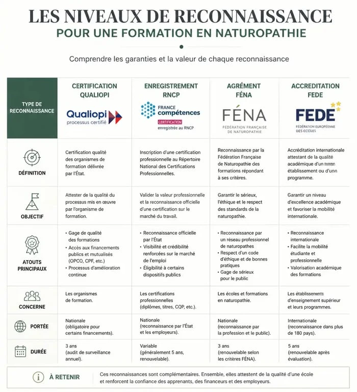 Tableau comparatif des certifications et reconnaissances pour une formation naturopathie reconnue par l'état