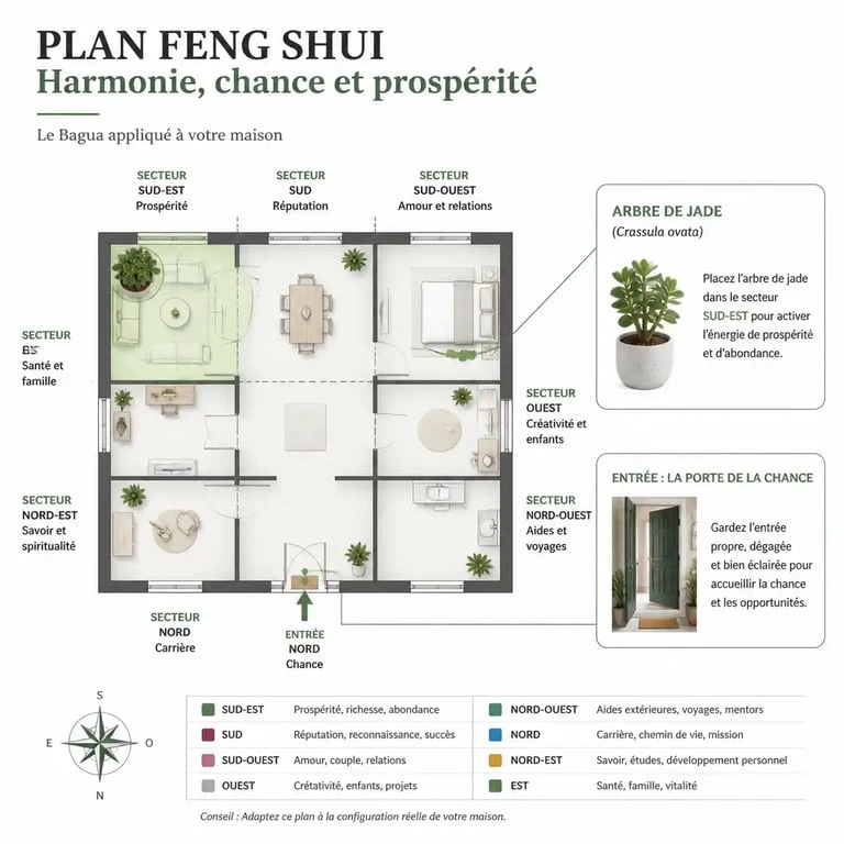 Infographie du placement idéal de l'arbre de jade selon le Feng Shui pour attirer la prospérité