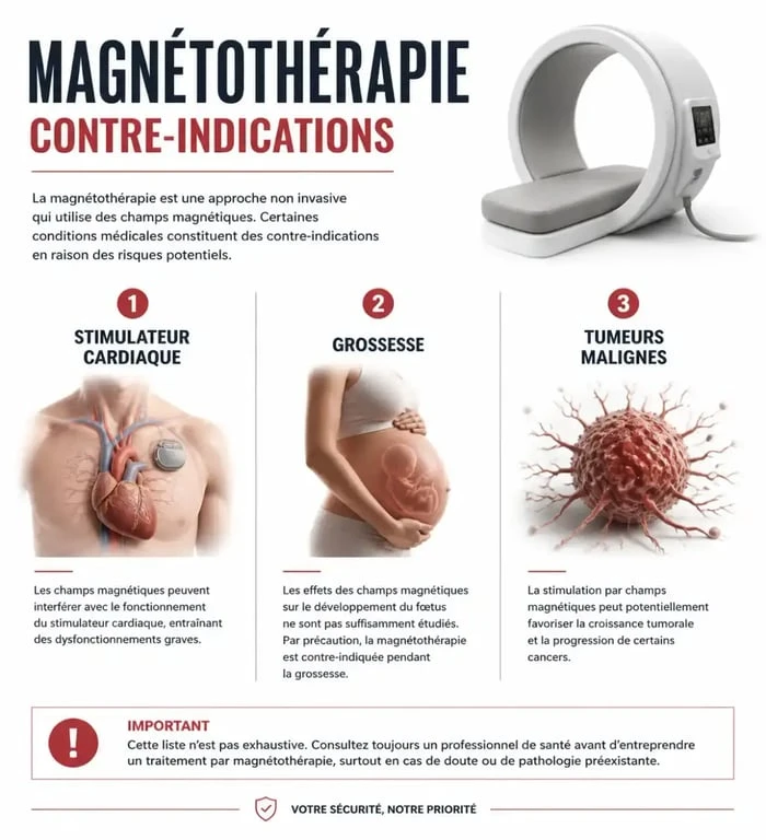 Infographie des contre-indications et dangers de la magnétothérapie pour la sécurité des patients