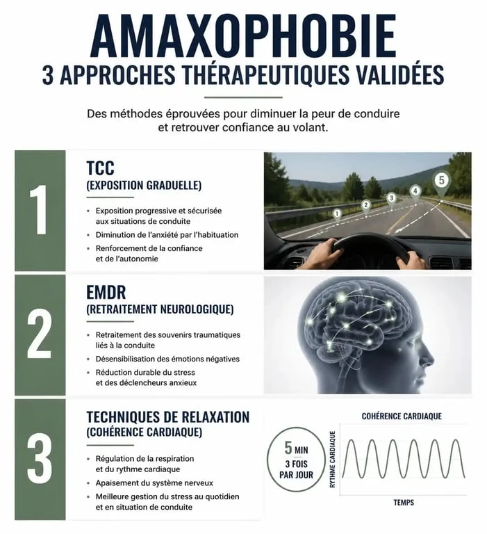 Infographie des méthodes de traitement de l'amaxophobie : TCC, EMDR et relaxation pour vaincre la peur de conduire