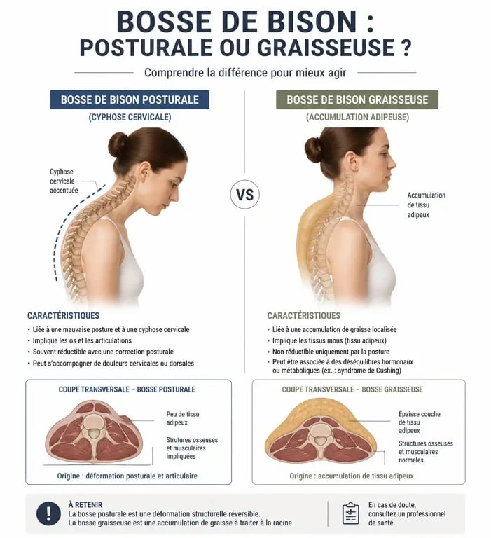 Infographie explicative sur les causes de la bosse de bison et le rôle de l'ostéopathe
